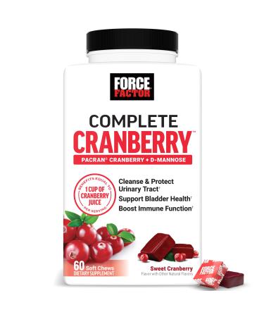 FORCE FACTOR Cranberry Soft Chews, Cranberry Supplement with D Mannose and Cranberry Extract to Support Bladder and Urinary Tract Health for Women, Vegan, Sweet Cranberry Flavor, 60 Soft Chews