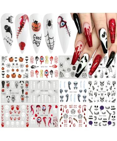 12 Sheets Halloween Nail Stickers Water Transfer Nail Art Decals Horror Gothic Ghost Face Pumpkin Skull Blood Spider Evil Eye Nail Art Stickers for Women Girls Halloween Nail Art Decorations