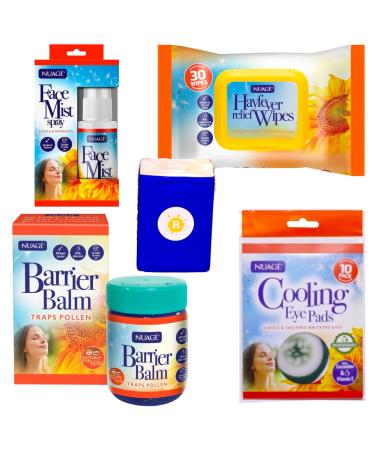 Hayfever Relief Set - Nuage Hayfever Wipes Nuage Face Mist Spray Nuage Barrier Balm Nuage Cooling Eye Pads Brighter Outside Mini Tissues. Pollen Anti Allergy Remedies for Hay Fever Allergies