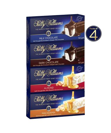 Sally Williams World's Finest Honey Nougat Variety Pack - Dark Chocolate Milk Chocolate Mandel & Macadamia Nougat Bars (4 x 50g) | International Shipping - Buy Online on GoSupps.com