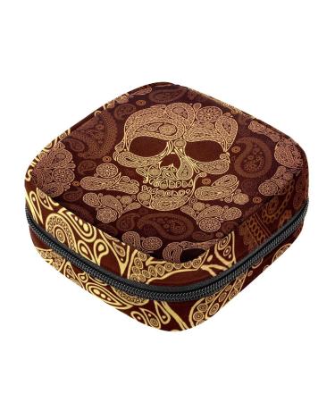Menstrual Pad Bag with Zipper Ladies Napkin Pouch Tampons Collection Bag for Women and Girls (Golden Skull)