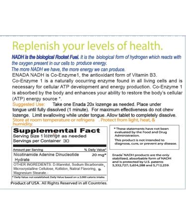 ENADA 20 x NADH Supplement - Boost Energy & Mental Focus | Natural Stamina Aid | 30 Lozenges for Fatigue Support | 20mg NADH per Serving | Energy Supplements for Men & Women - Buy Online on GoSupps.com