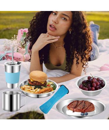 12Pcs Stainless Steel Camping Mess Kit for Backpacking & Hiking - Blue | Plate, Bowl, Cup, Spoon, Fork, Knife | Compact & Durable Tableware Set - Buy Online on GoSupps.com