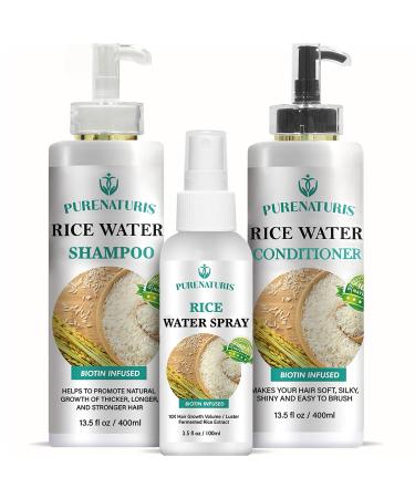 Shampoo Conditioner & Serum Set - Fermented Rice Water Rosemary Biotin Caffeine for Hair Growth Repair System Kit Sulfate Free All Hair Types Vegan Rosemary Scent