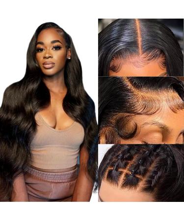 MEGALOOK Upgraded Glueless Wigs Bleached knots Body Wave Human Hair Wig 13x4 HD Pre Cut Lace Front Wigs 200% Density Brazilian Real Human Hair Wigs Natural Black Color 36 Inch 36 Inch 13x4 Lace Body Wave Wig