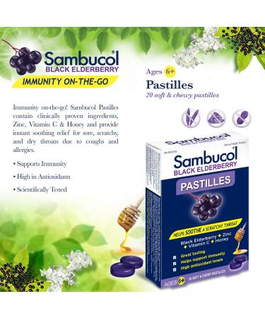 Sambucol Black Elderberry Pastilles | Quickly Soothes Sore Dry & Scratchy Throat Symptoms | Immune Support & Antioxidant | Ideal for Ages 6+ | Gluten & Nut Free | 20 Soft & Chewy Pastilles blue - Buy Online on GoSupps.com