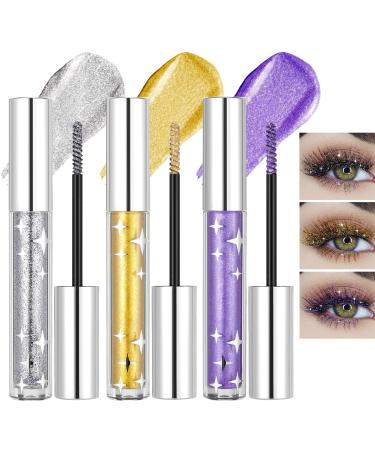 Prreal 3 Pcs Glitter Mascara Long Lasting Mascara Colorful Waterproof Eye Makeup Mascara (Silver Golden Purple)
