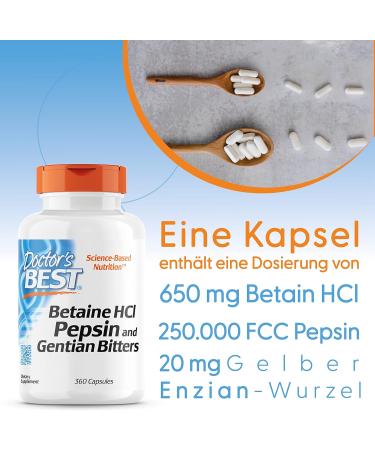Buy Doctor's Best Betaine HCL with Pepsin & Bitter Substances 650mg - 360 Gluten-Free Soft Capsules High Dose Laboratory Tested Non-GMO International Shipping - Buy Online on GoSupps.com