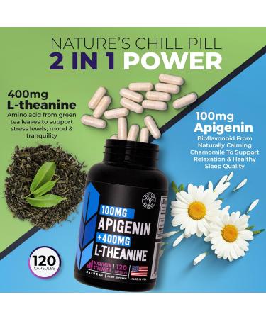 Apigenin with L Theanine supplement - 500mg - Apigenin Supplement for Sleep Relaxation & Mood - Powerful Bioflavonoid & Antioxidants Found in Chamomile Tea - 120 Vegan caps. NON- GMO. Made in USA - Buy Online on GoSupps.com