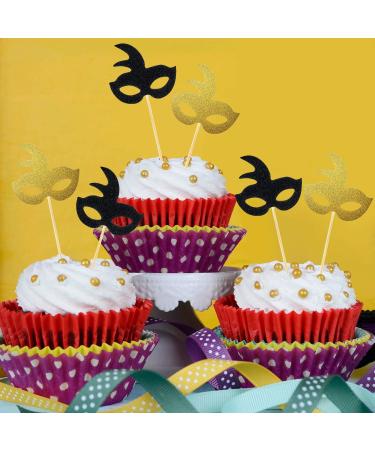 48 Pieces Masquerade Masks Cupcake Topper Glitter Mask Cake Topper Picks Dessert Cupcake Toppers for Masquerade Mardi Gras Party Baby Shower Birthday Party Decorations (Gold and Black) - Buy Online on GoSupps.com