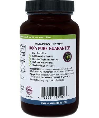 Amazing Herbs Black Seed Oil Pills 1250mg - 100 Softgel Capsules | Cold-Pressed, Non GMO | Packaging May Vary, New Label Coming Soon - Buy Online on GoSupps.com