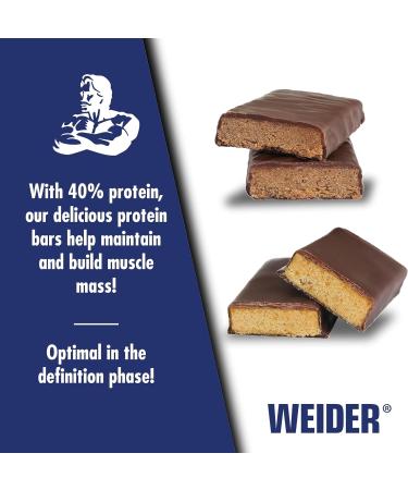 Weider 40% Protein Low Carb Bar (24 x 50g) Peanut-Caramel Flavour. Chocolate Coated Bar with High Protein-Reduced Carb Content. Muscle Building & Maintenance Support. Ideal Before or After Training PEANUT-CARAMEL 24x50g - Buy Online on GoSupps.com