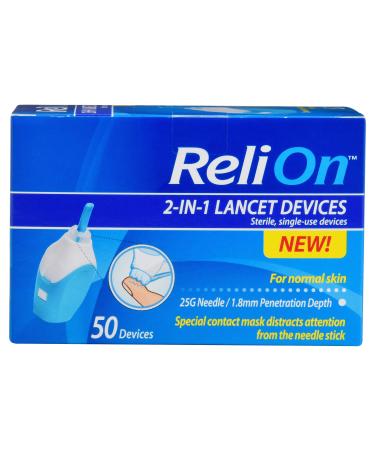 Relion 2-in-1 Lancet Device 25 Gauge 1.8mm for Normal Skin 50 Count
