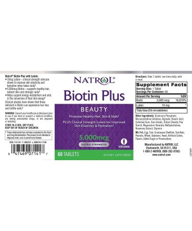 Natrol Biotin Beauty Plus Lutein - 5,000mcg Tablets for Healthy Hair, Skin & Nails - 60 Count - Buy Online on GoSupps.com
