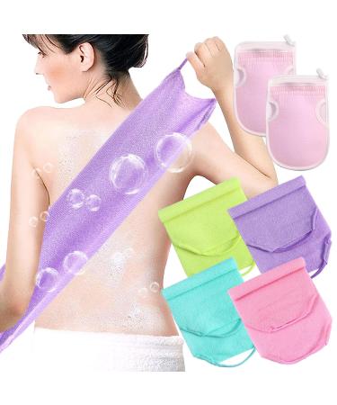 6Pcs Exfoliating Back Scrubber Set with Handles  Extended Length Body Exfoliator Washers Stretchable  4 Back Scrubbers & 2 Exfoliating Bath Gloves  for Body Cleans Skin Massages for Women Men