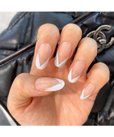 Novo Ovo Oval Almond Press-On Nails | Silver Glitter French Tip | Short/Medium Length Artificial Fingernails with Glue - Buy Online on GoSupps.com