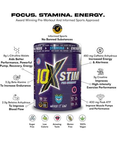 10X Athletic Stim Pre Workout Beta Alanine High Caffeine Creatine Sugar Free Vegan Low Calorie Various Flavours 600g 25/50 Servings (Apple Attack) - Buy Online on GoSupps.com