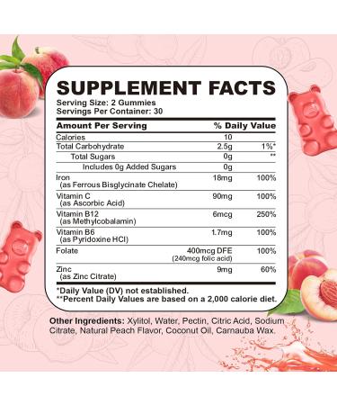 Iron Supplement for Women & Men Gummies Multivitamin Blood Builder Iron Supplement with Folate Vitamin C B12 B6 Zinc for Adults & Kids - Energy Support - Peach Flavor Vegan 60 Gummies Peach 60 Count (Pack of 1) - Buy Online on GoSupps.com