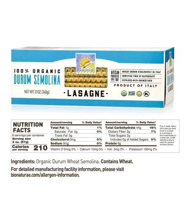Bionaturae Durum Semolina Lasagna Pasta Noodles - 12 Oz (Pack of 12) | Organic, High Protein, Non-GMO, USDA & Kosher Certified, Crafted in Italy - Buy Online on GoSupps.com