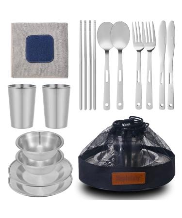 Camping utensils and dishes Polished Stainless Steel Dishes Set| Tableware| Dinnerware| Camping| Includes - Cups | Plates| Bowls| Cutlery| Comes in Mesh Bags (2 Person set Black)