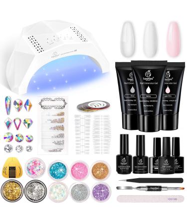 Beetles Poly Extension Gel Nail Kit, 30g Nail Extension Gel with 48W Nail Lamp Slip Solution Nail Strengthener Rhinestone Glitter Nail Manicure Beginner Starter Kit Mother's Day Gift for Women A-Black