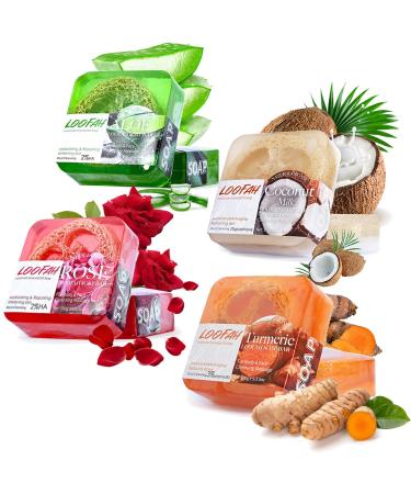 Dapoprren Natural Loofah Soap Bar 4PCS Exfoliating Natural Soap with Loofah Inside- Turmeric Aloe Rose Coconut Milk  Moisturizing Handmade Soap For Face and Body 4pcs Loofah Soaps - Buy Online on GoSupps.com