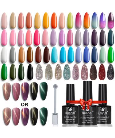 Besnel 60 Colors Nail Polish Kit,Gel Polish Set with Pink Green Purple Colors, Glitter Cat Eyes Magnet Colors, Temperature Changing Colors, Glitter Gel Colors, Base Coat and Glossy, Matte Top for Nail Art Starter Gifts 60 …