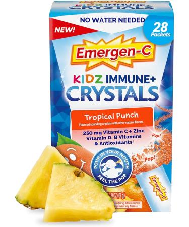 Emergen-C Kidz Immune Plus Crystals, On-The-Go Immune Support Supplement with Vitamin C, Vitamin D, B Vitamins, Zinc and Manganese, Tropical Punch - 28 Stick Packs - Buy Online on GoSupps.com