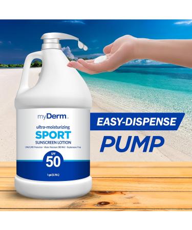 MyDerm Ultra-moisturizing SPF 50 Sport Sunscreen Lotion Free from Octisalate Oxybenzone Octinoxate and Parabens Hawaii 104 Reef Act Compliant 128 oz (1 Gallon) Broad Spectrum UVA/UVB Protection - Buy Online on GoSupps.com