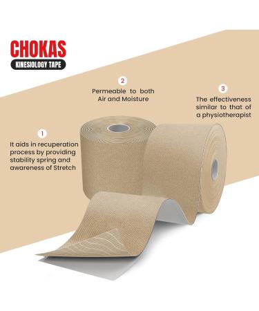CHOKAS Kinesiology Tape 5m Roll - Elastic Therapeutic Sports Tape for Multiple Body Parts - Waterproof Physio Tape for Muscle Pain Relief - Ivory - Buy Online on GoSupps.com