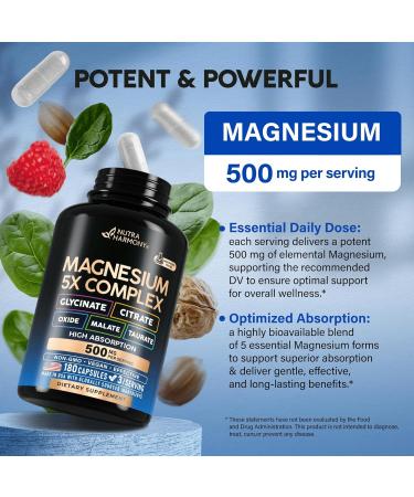 Magnesium Supplement - 5 in 1 Complex | Glycinate | Citrate | Malate | Taurate | Oxide - Made in USA - Stress Muscle & Heart Support - Vegan Natural Non-GMO - 180 Capsules 2 Month Supply 180 Count (Pack of 1) - Buy Online on GoSupps.com