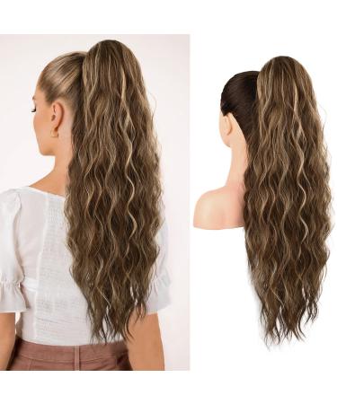 REECHO Ponytail Extension 26" Long Beach Wave Drawstring Pony Hair Extension Synthetic Pony Tail Hairpiece for Women - Chocolate Brown with Blonde Highlights