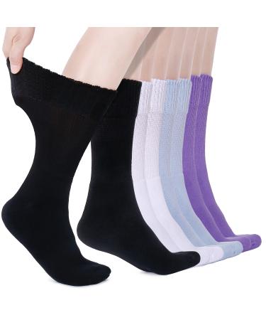 Kayhoma Extra Soft Cotton Diabetic Socks for Womens 9-12 Loose Fitting Crew Socks Medium Black&white&blue&purple