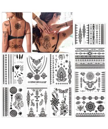Konsait 10 Sheets Henna Temporary Tattoo Black Art Stickers Lace Mehndi Body Transfers Tattoo for Women Adult Girls for Festival Party - Buy Online on GoSupps.com