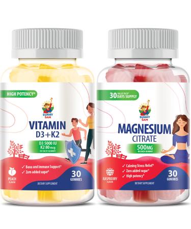 Magnesium Gummies for Kids & Adults - 500mg and Vitamin D3 K2 Gummies 5000 IU.Calm Magnesium Chews - Magnesium Citrate Chewable Supplement for Mood & Muscle Support