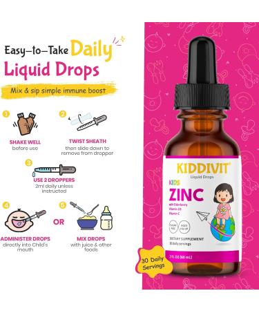 Kiddivit Zinc Kids Liquid Drops with Elderberry Vitamin D3 & C 30 Daily Servings 2 FL OZ (60 mL) Immune Support for Children Sugar Free Gluten Free Vegetarian - Buy Online on GoSupps.com