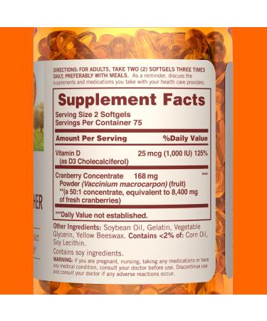 Sundown Cranberry Softgels with Vitamin D3 - Urinary Tract & Immune Health Support - 150 Softgels - Buy Online on GoSupps.com