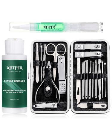 XIFEPFR Manicure Set - Cuticle Remover Cream 19Pcs Nail Clipper Pedicure Kit Professional Grooming Kit with Black Luxurious Travel Case Stainless Steel Nail Kit for Men Women