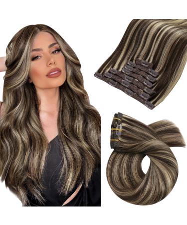 Moresoo real hair Extensions clip in hair extension remy real hair clip in extensions real hair dark blonde 120g real hair extensions clip dark brown with blond #p4/27 double brawl 7Pcs 40cm 40 cm #p4/27