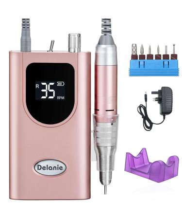Delanie Nail Drill 35000 RPM Electric Nail Files Rechargeable Portable E File Kit with 6 Drill Bits for Acrylic Nails and Gel Nails UK Plug(Pink)
