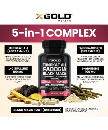 X Gold Health 5-1 Tongkat Ali | Fadogia Agrestis | Maca | L-Arginine | L-Citrulline | Energy, Vitality & Stamina Booster for Men & Women | Non-GMO Made in USA 120 Capsules - Buy Online on GoSupps.com