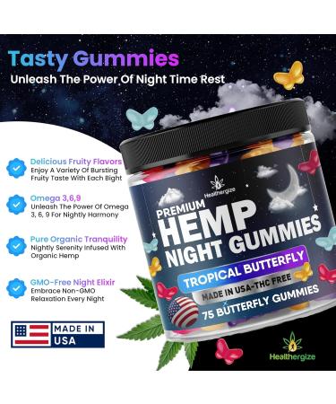 Healthergize Hemp Gummies Night Time, High Potency Nap Gummies, Peace and Relaxation, Fruity Butterfly Gummy Bear Edibles, Good Mood, Calm, Restful Bedtime-Natural Omega Hemp Oil-Made in USA - Buy Online on GoSupps.com
