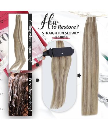 Moresoo 16 Inch Tape in Human Hair Extensions Light Brown with Platinum Blonde Highlight - 20 Pieces/50g #P9A/60 - Buy Online on GoSupps.com