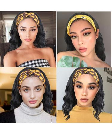 Oseti Short Curly Headband Wig for Black Women - 14 Inch Black Wavy Body Wave Bob Wig with Ice Silk Turban - Synthetic Headband Attached for Easy Styling - Buy Online on GoSupps.com