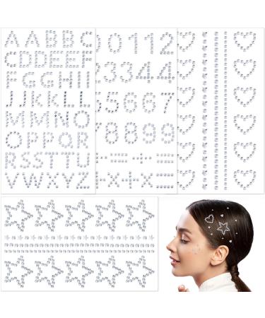 OIIKI 4 Sheets Star Hair Face Jewels Self-adhesive Acrylic White Rhinestones Stickers Heart Star Letter Number Face Hair Gems Stick on Women Body Jewelry Decorations for Makeup Parties Festival White-3