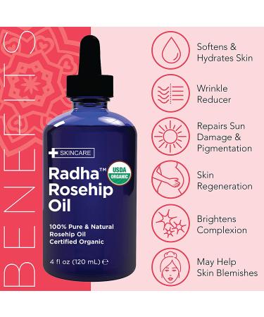 Radha Beauty USDA Certified Organic Rosehip Seed Oil 4 fl oz - Cold Pressed Moisturizing Oil for Face, Hair, Skin & Nails - Buy Online on GoSupps.com