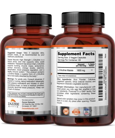 Zazzee High Strength L-Citrulline Malate 1800 mg - 180 Vegan Capsules | High Absorption Non-GMO 60 Day Supply - Buy Online on GoSupps.com