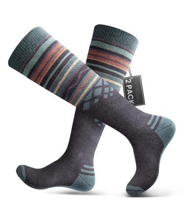 Ski Socks 2-Pack Merino Wool Over The Calf Non-Slip Cuff for Men & Women Gray Medium