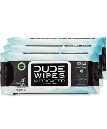 DUDE Wipes Medicated Flushable Wipes - 3 Pack, 144 Wipes - Unscented Extra-Large Wipes with Maximum Strength Medicated Witch Hazel - Septic and Sewer Safe Medicated Wipes