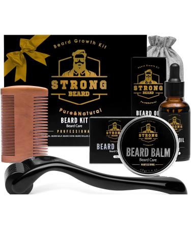 Strong Beard Growth Kit - Beard Balm  Beard Oil and Serum for Beard Growth. This Natural Beard and Mustache Grooming Kit for Men Includes a Derma Roller for Beard Growth.